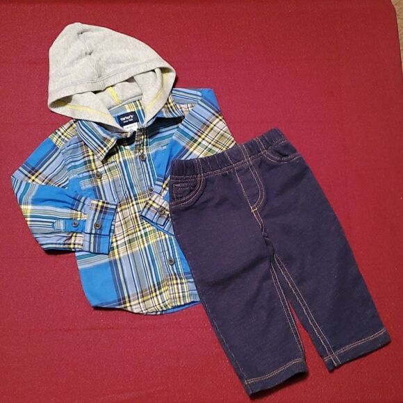 Carter's Plaid Button Down Hoodie Shirt & Elastic Waist Pants Sz 9M - Picture 3 of 12